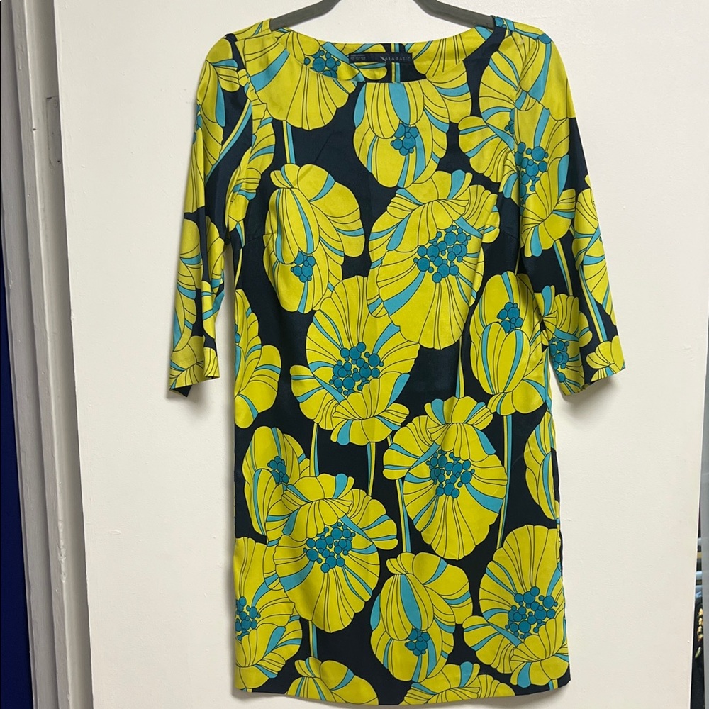 Zara Bright Neon Yellow and Blue Large Bright Floral 3/4 Sleeve Dress XS